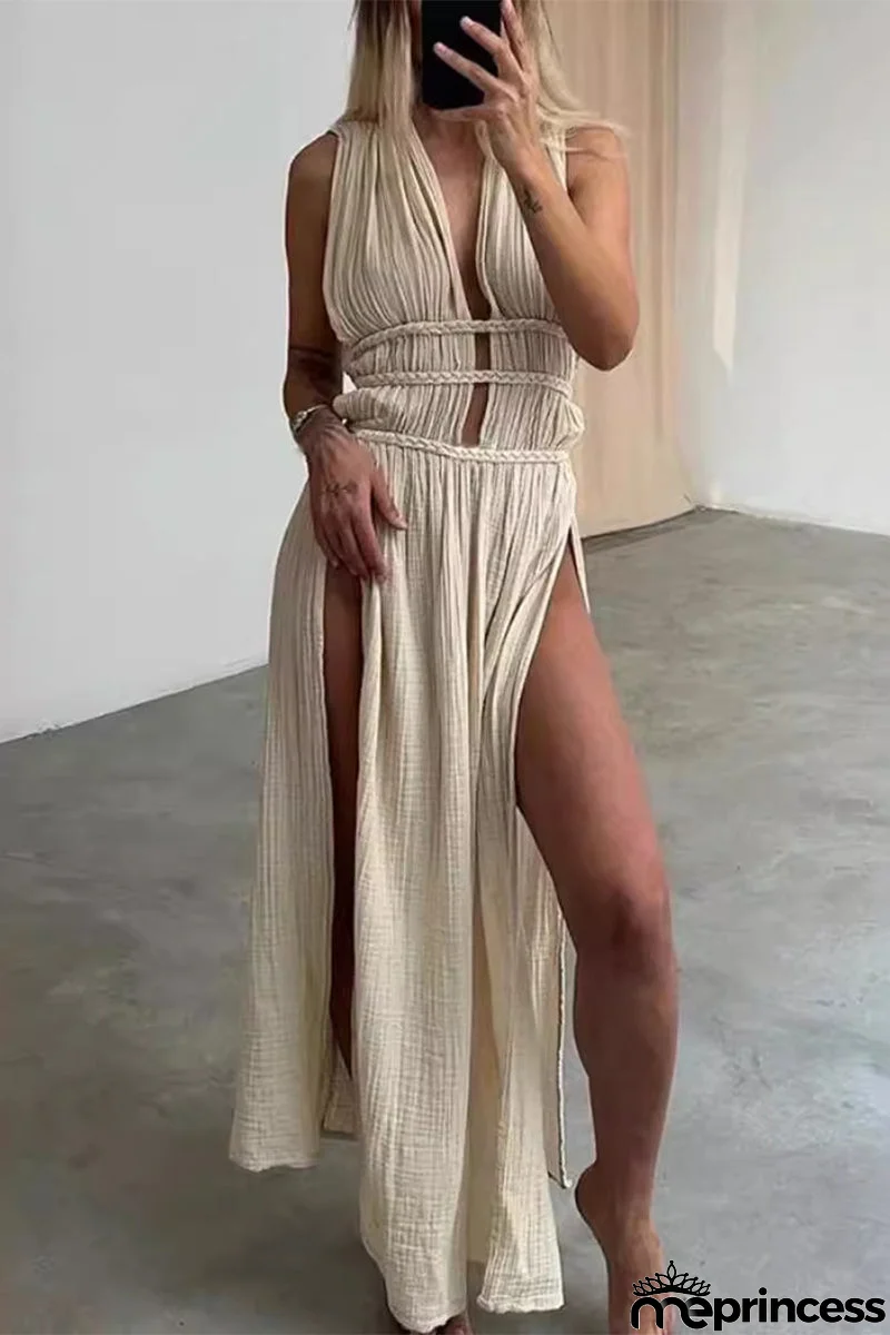Sexy Bohemian Solid Slit V Neck Beach Dresses(3 Colors)