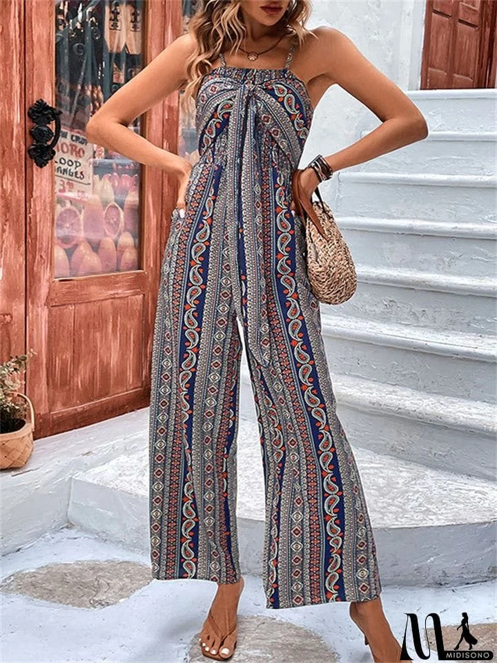 MidiSono - Summer Bohemian Sleeveless Lace Up High Waist Straight Leg Jumpsuit