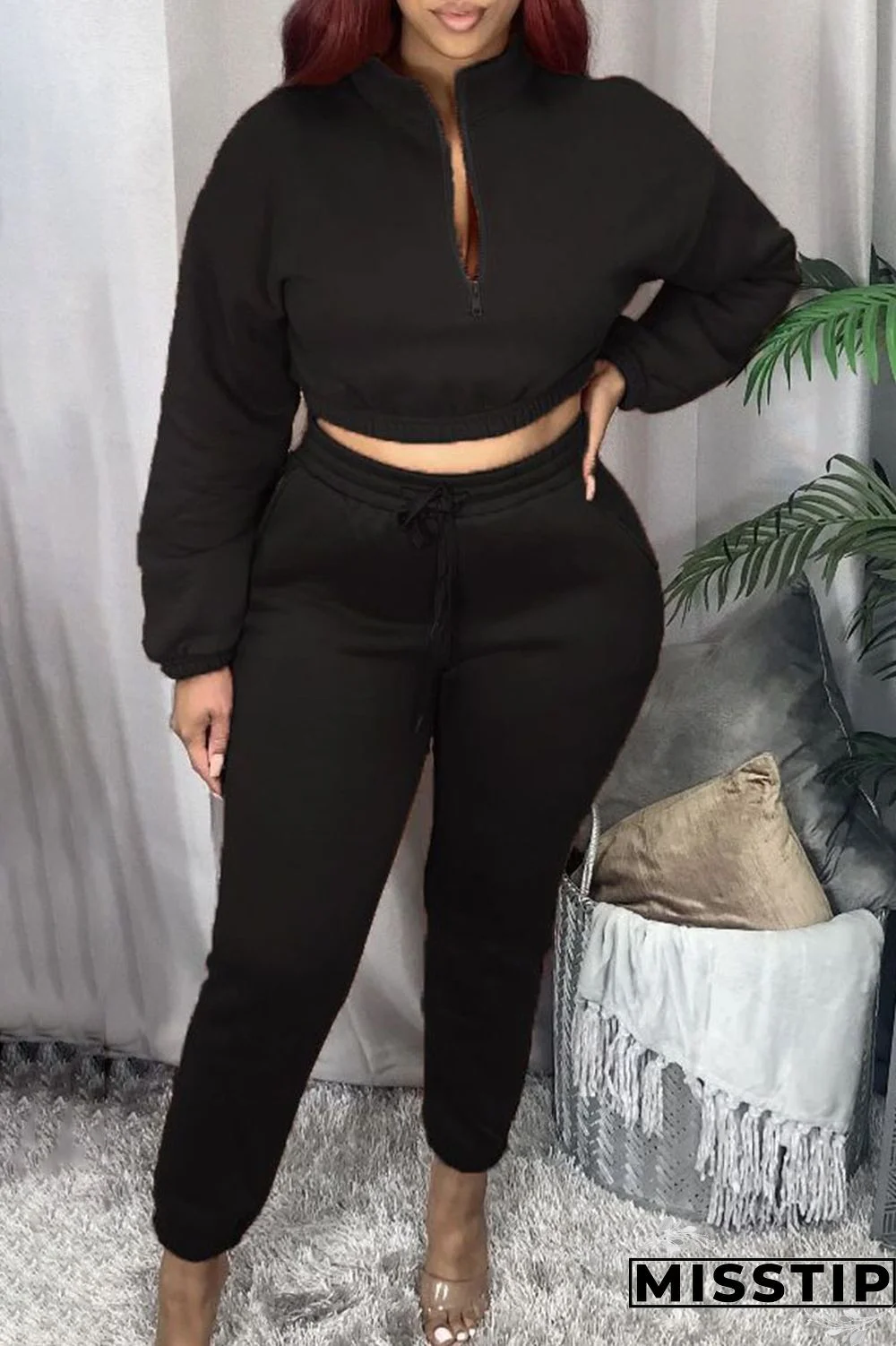 Black Casual Solid Zipper Collar Long Sleeve Two Pieces