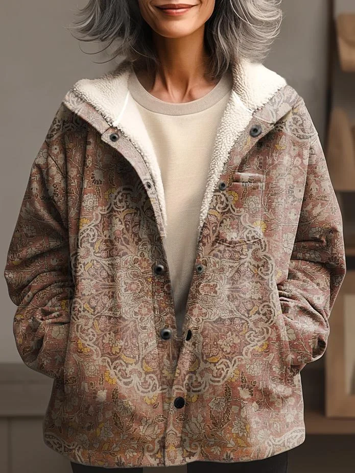Retro Ethnic Style Art Print Waffle Plush Thickened Long-sleeved Hooded Jacket