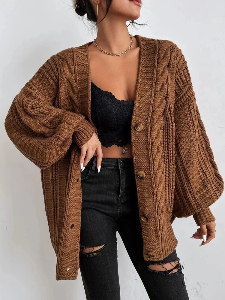Athvotar Athvotar V-Neck Solid-Colored Open-Shirt Autumn And Winter Lazy Lantern Sleeve Loose Single-Caught Sweater Coat Woman