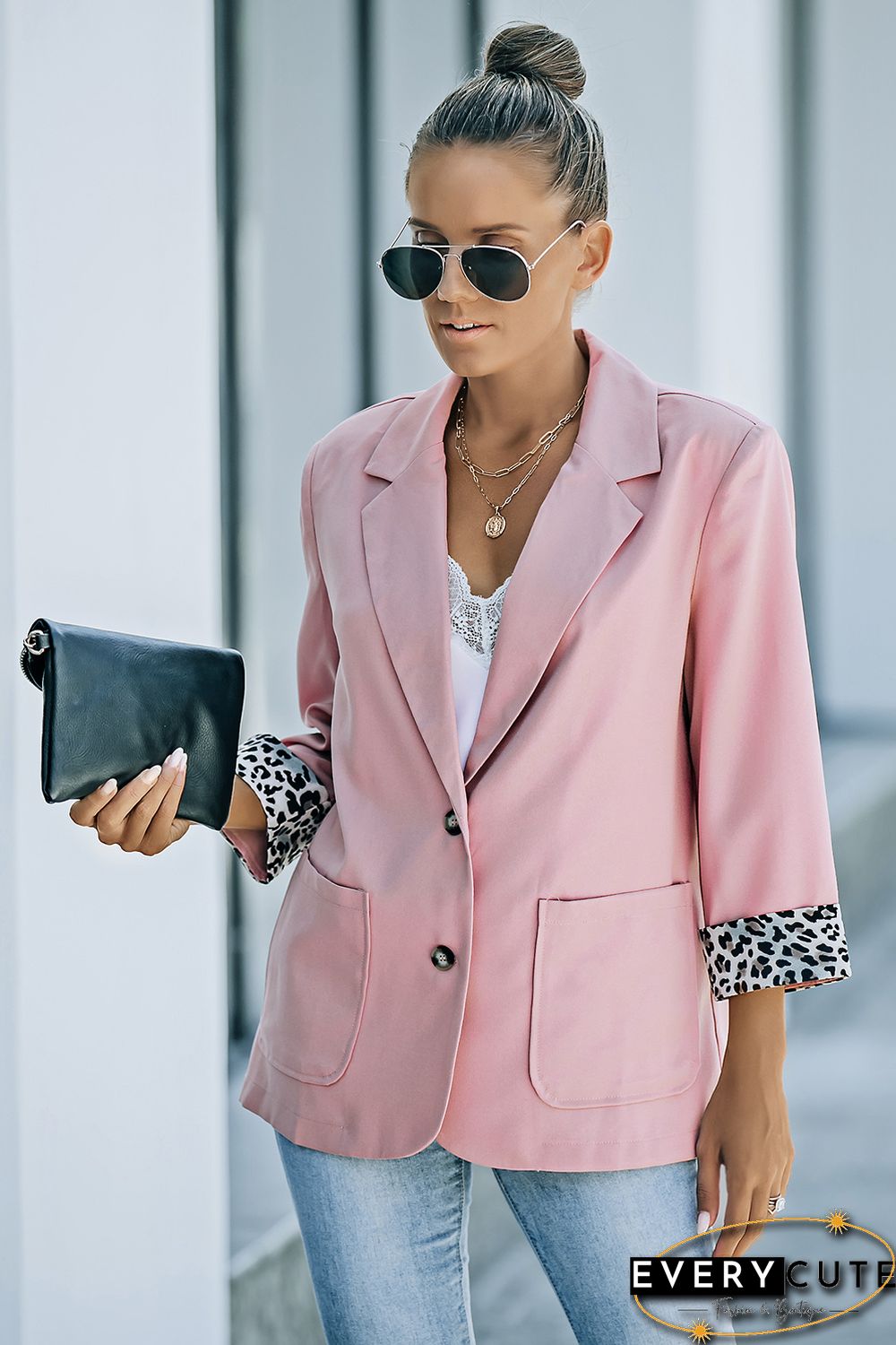 Pink Leopard lined Lapel Collar Blazer