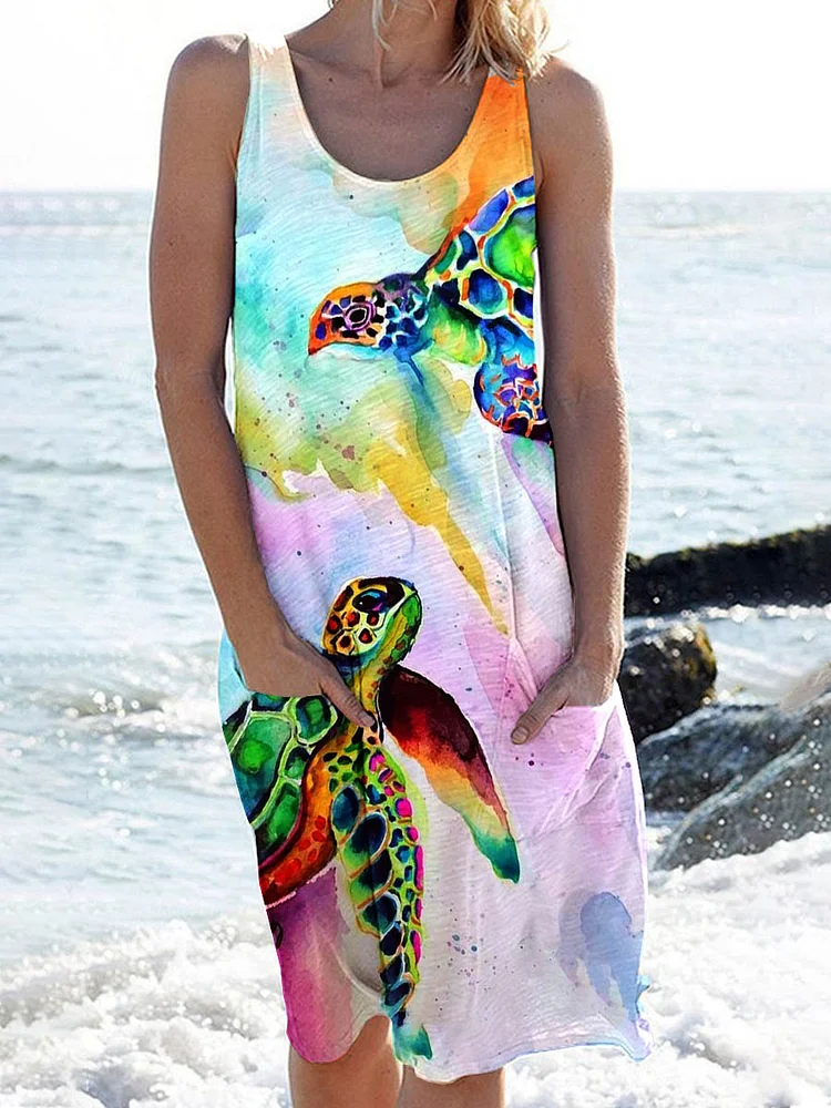 Women's Beach Holiday Watercolor Turtle Art  Pattern Casual Stylish Dress