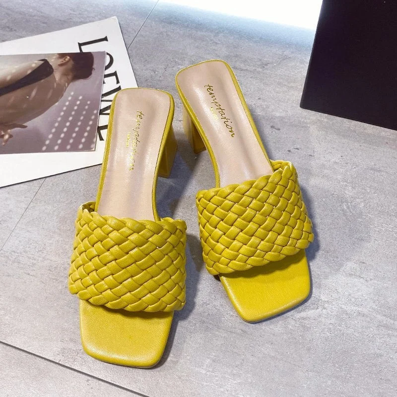 Lucyever Summer Outdoor High Heel Slippers Women Fashion Thick Heels Weave Slides Woman Square Toe Open Toe Sexy High Heels