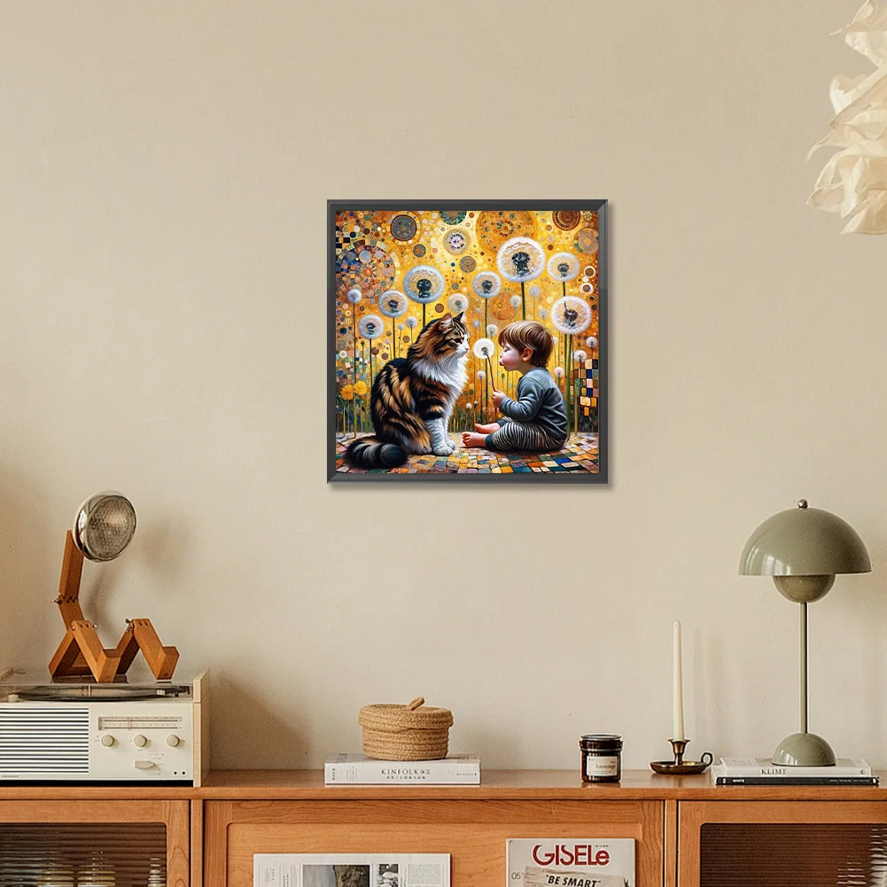 Full Round Diamond Painting 30*30cm - Cat, Dandelions And Children