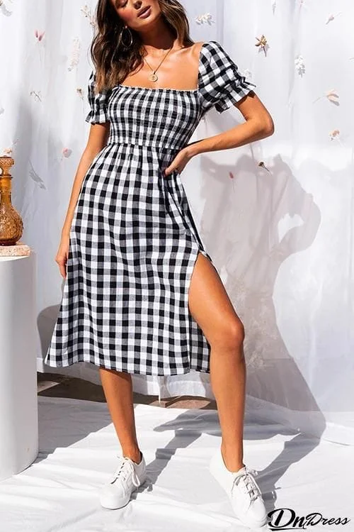 Plaid Square Neck Slit Dress