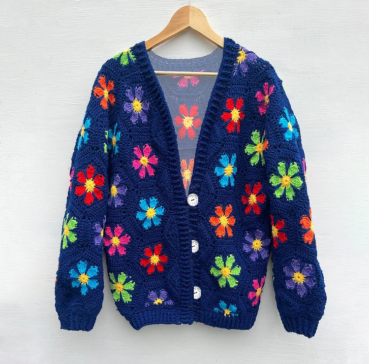 Floral Tapestry Jacquard V Neck Button Knit Cardigan