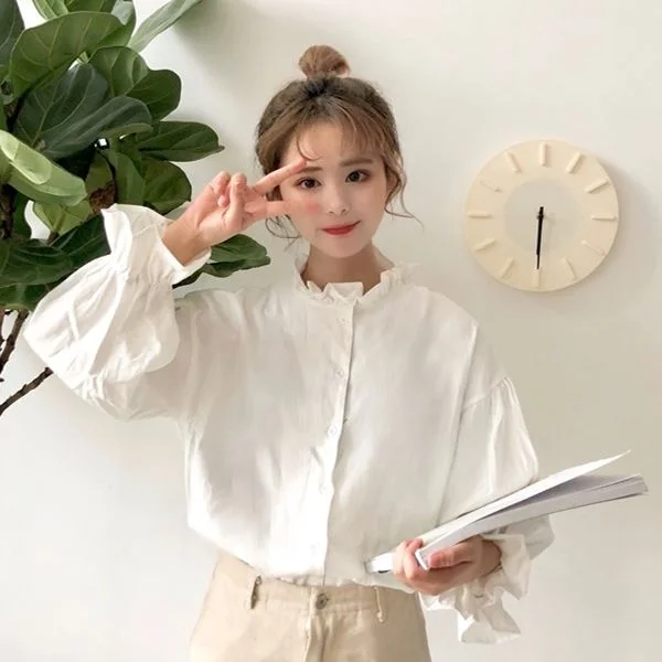 White Blouse Women Shirts Harajuku Clothes Womens Tops and Blouses All Match Flare Sleeve Korean Style New Fashion Ulzzang Chic