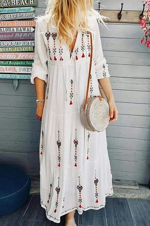 Womens Bohemian Print Drawstring Dress-Allyzone-Allyzone