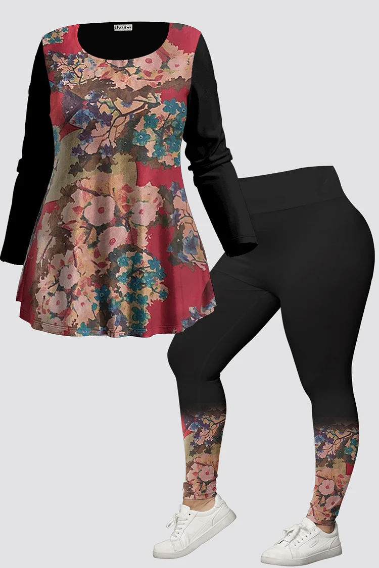 Flycurvy Plus Size Casual Red Art Plant Floral Print Two Piece Pant Set  Flycurvy [product_label]