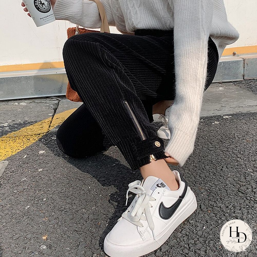 Winter Corduroy Pants Women Korean Fashion Zipper Elastic High Waist Pencil Pant Causal Loose Baggy Trousers Streetwear Mujer