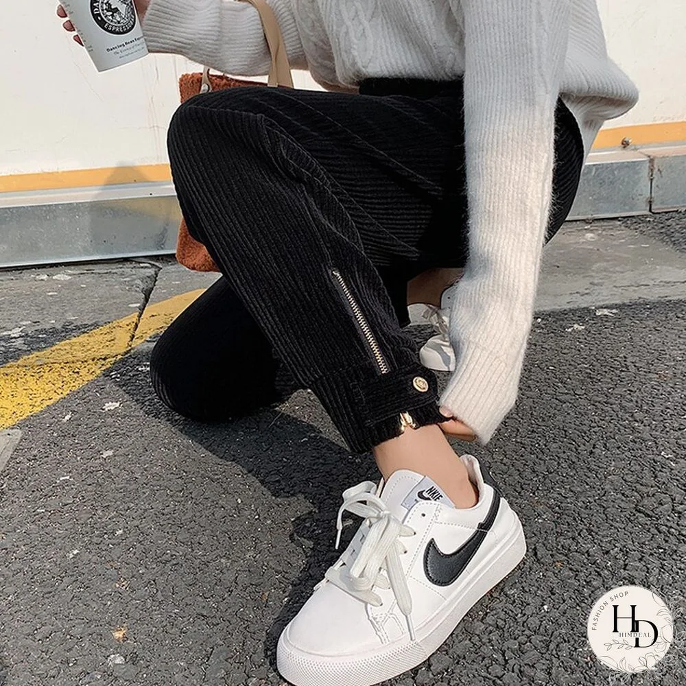 Winter Corduroy Pants Women Korean Fashion Zipper Elastic High Waist Pencil Pant Causal Loose Baggy Trousers Streetwear Mujer