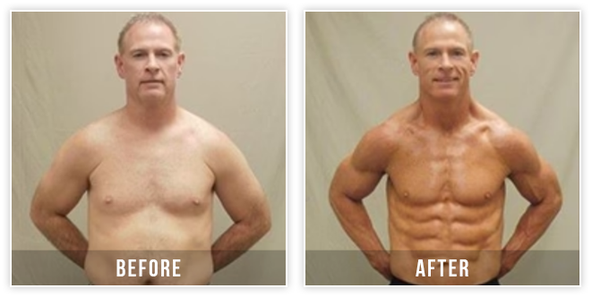 Before and after fitness transformation of a man showing significant muscle gain.