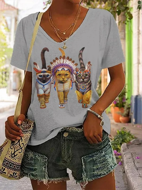 Indian Ethnic Cat V Neck Print T-Shirt