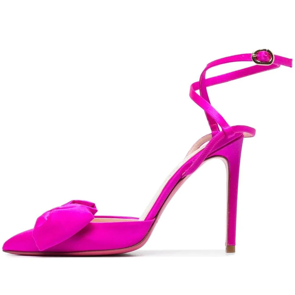 Novameme Women's Fashion Shoes Rose Red Satin Bow Knot Ankle Buckle High Heel Party Shoes