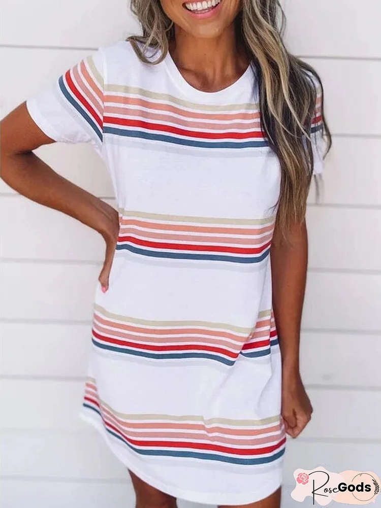 Short Sleeve Striped Vintage Cotton-Blend Weaving Dress