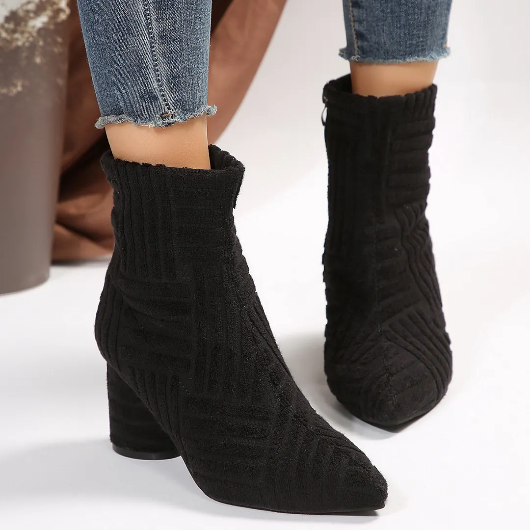 Breakj Breakj Towel Women's Cloth High-Heeling Boots Solid Color Side Zipper Tip Short Fashion Coarse And 2025 New Model