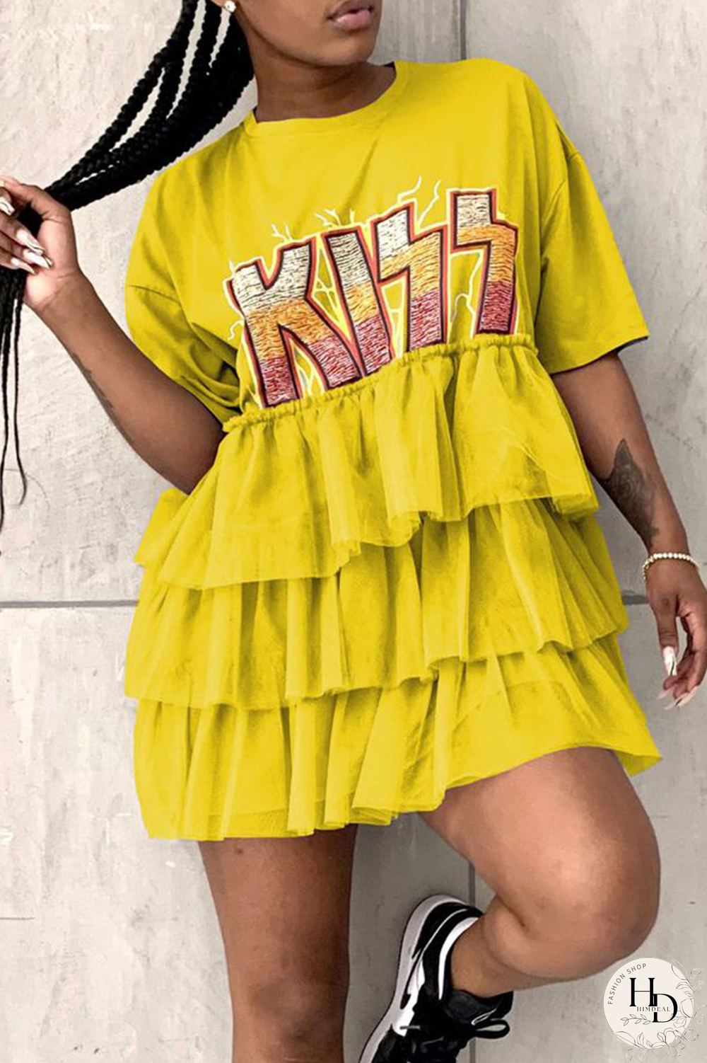 Blue Casual Print Letter O Neck Cake Skirt Dresses