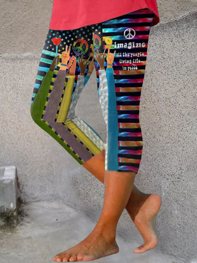 Hippie Imagine All The People Living Life In Peace Wavy Edge Print Leggings