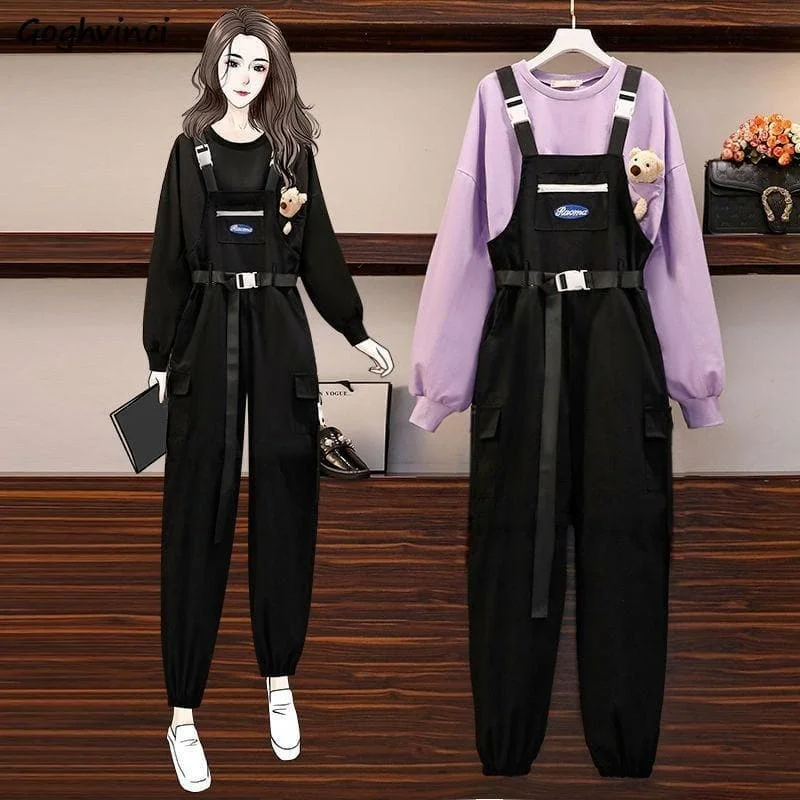 Black/Purple Cute Bear Pullover and Jumsuit Black Overalls Casual Set SP16232