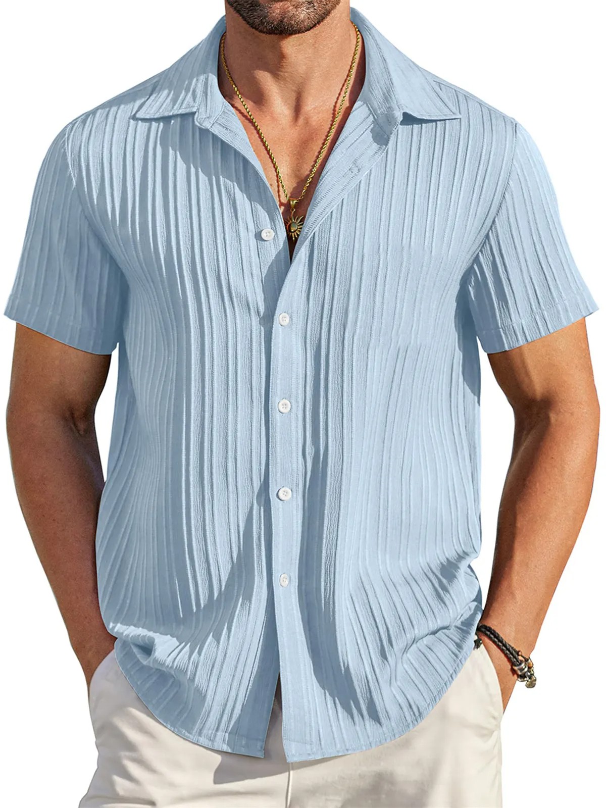 Men's Casual Comfortable Loose Textured Short Sleeve Shirt PLUSCLOTHESMAN