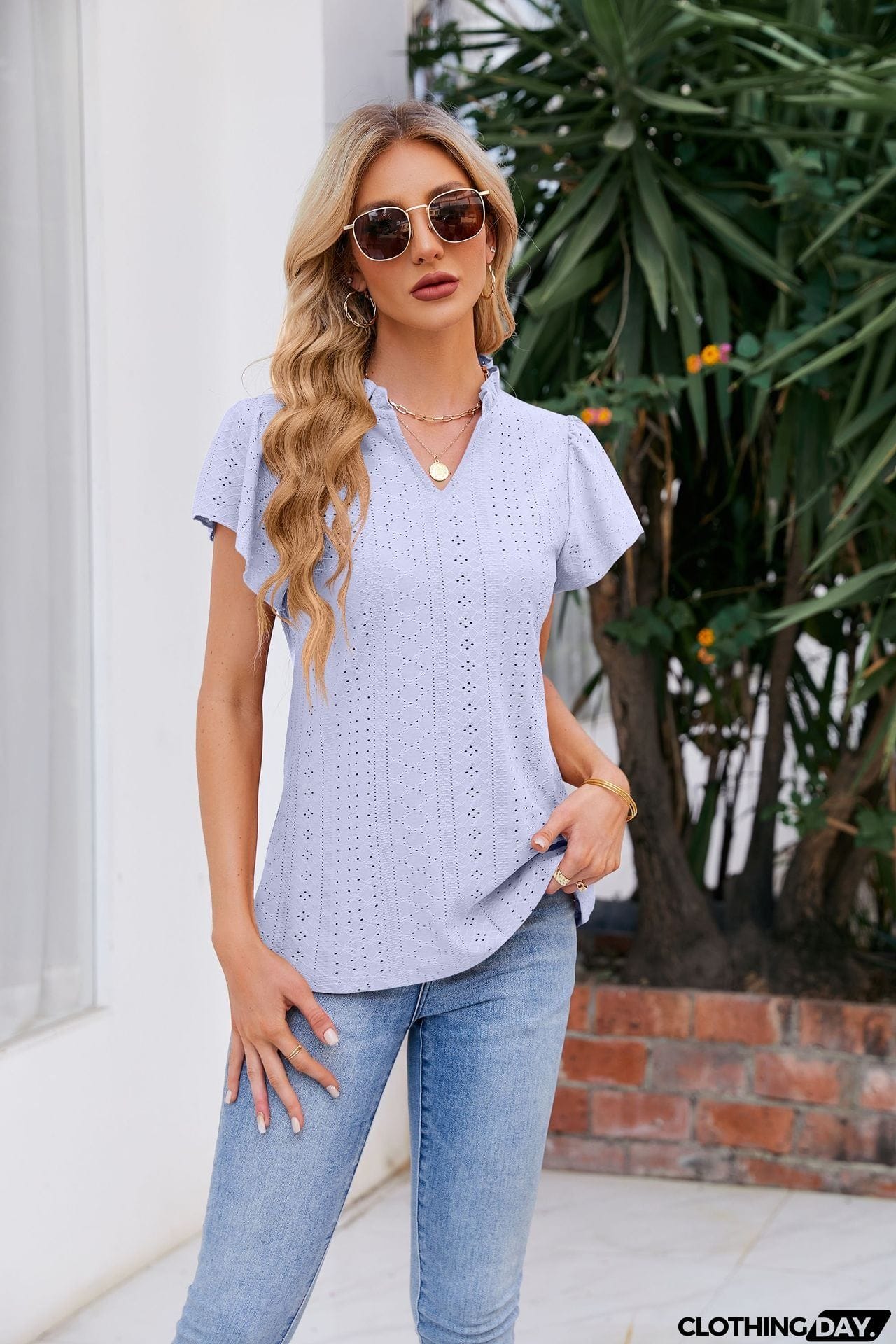 Notched Neck Puff Sleeve Blouse