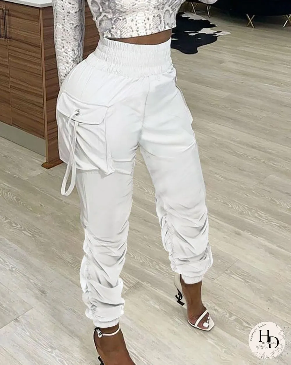 Pocket Design Ruched Plain Pants P14088