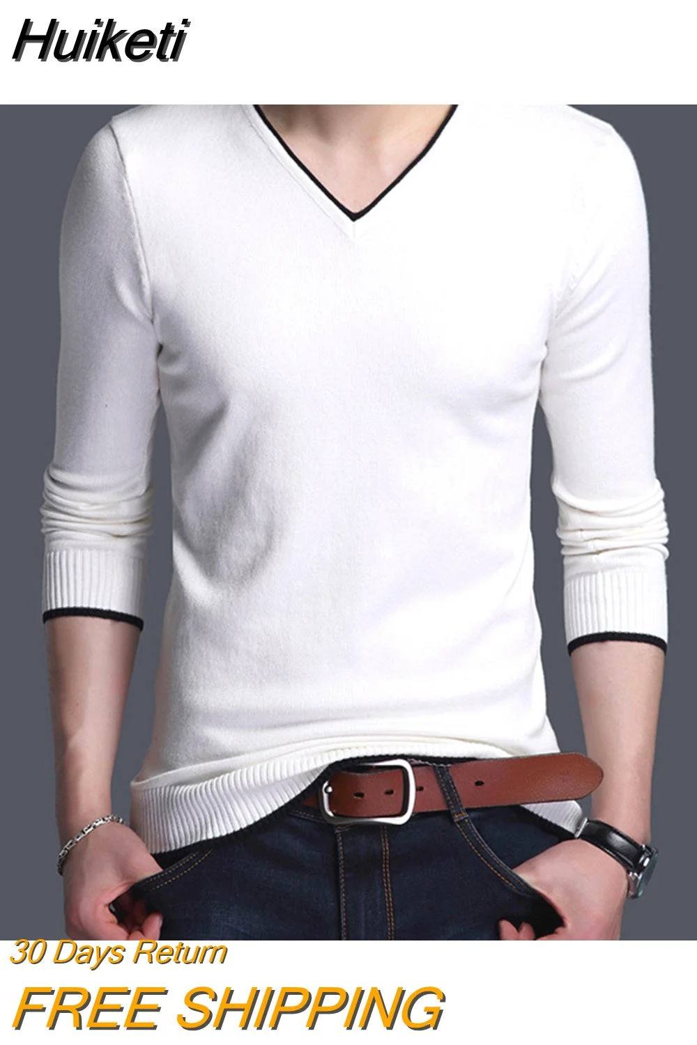 Huiketi Men Sweater Fashion V Neck Knitted Pullovers Slim Fit Spring Autumn Korean Mens Clothes Daily White Black Sweater Men Pullovers