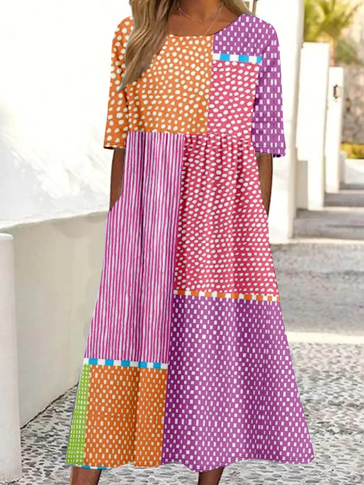 Vintage Japanese Art Print Crew Neck Pocket Midi Dress