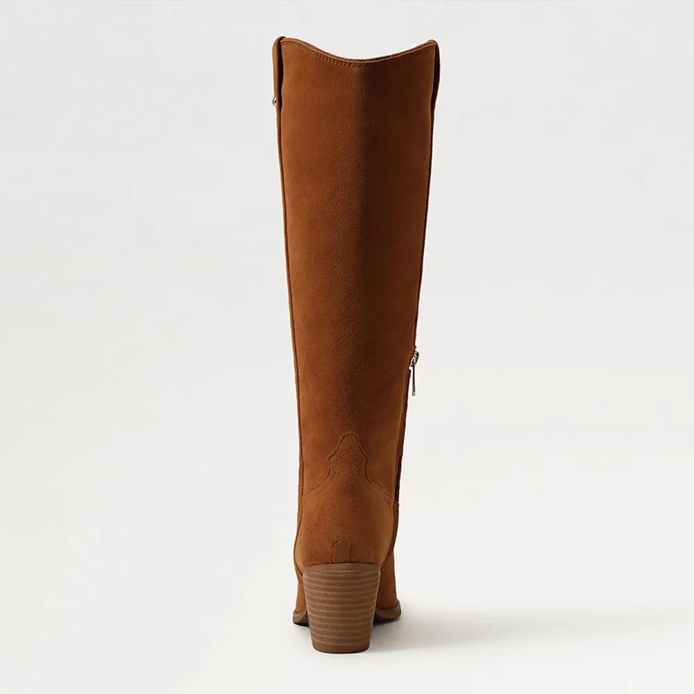 Classic Tan Pointed Toe Block Heel Cowboy Boots for Women