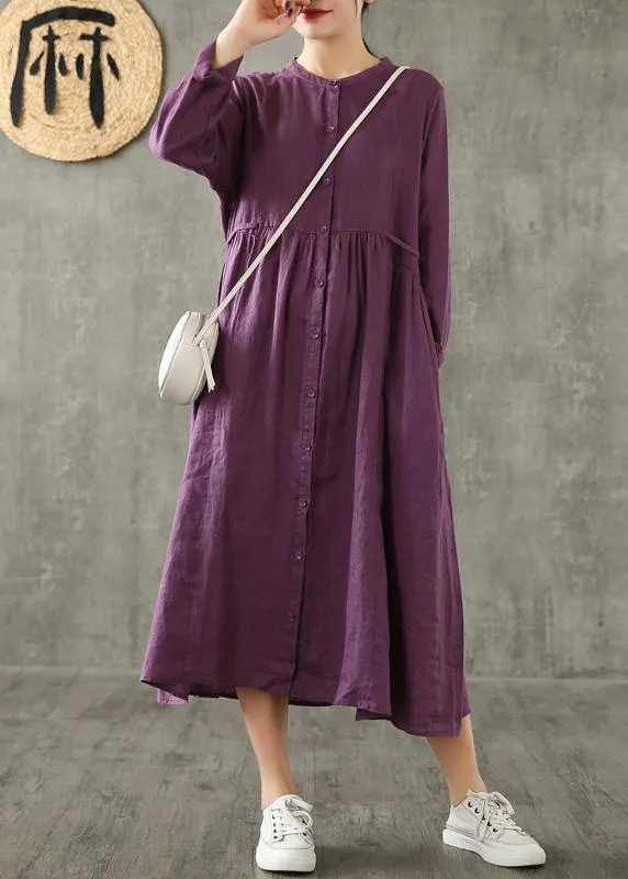 Women purple linen Wardrobes Cinched pockets cotton spring Dress