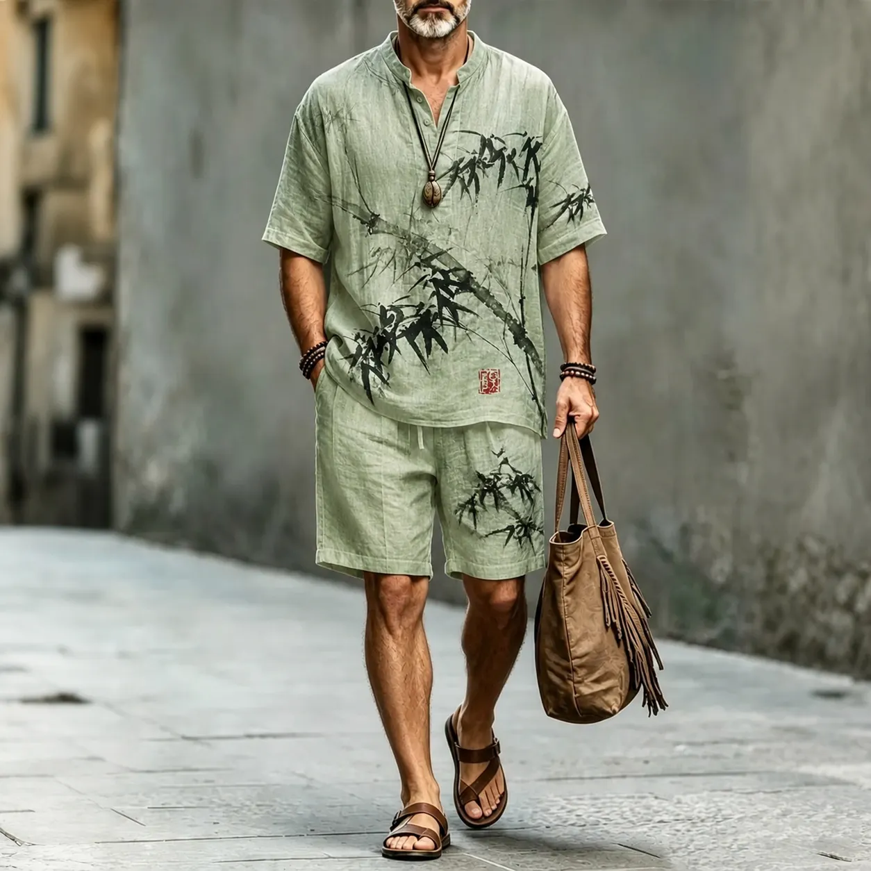 Men's Vintage Japanese Bamboo Art Print Short Sleeve Shirt And Shorts Two Piece Set  artssus