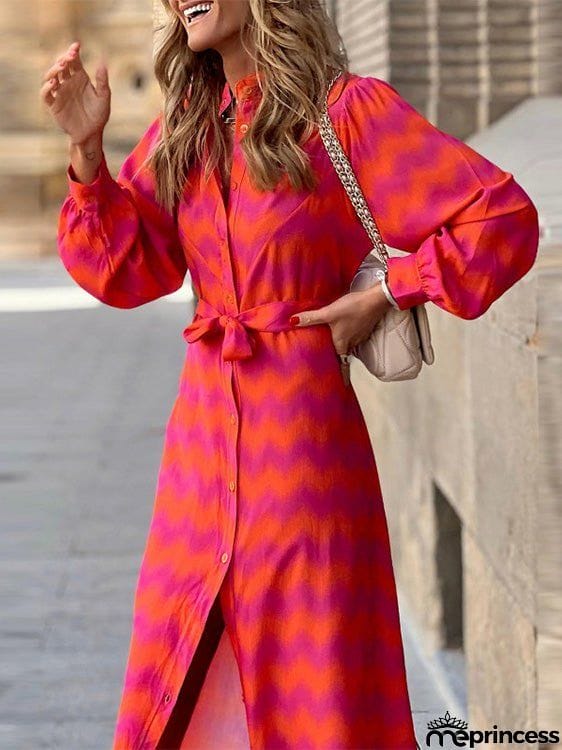 Women's Dresses Wavy Print Lace-Up Long Sleeve Shirt Dress