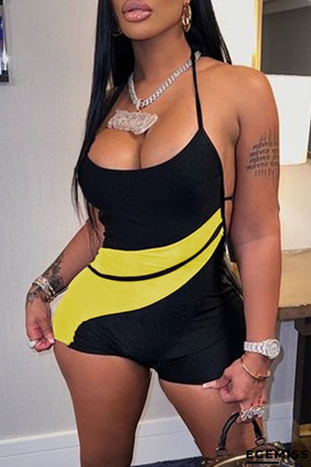 Yellow Sexy Solid Patchwork See-through Backless Halter Regular Jumpsuits | EGEMISS