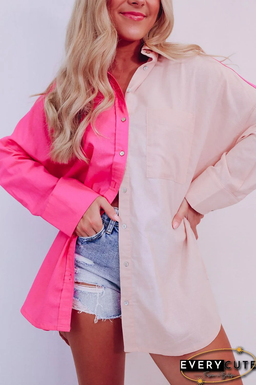 Pink Color Block Patchwork Oversized Shirt