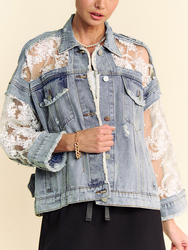 Modern Blue Embroidered Tulle Patchwork Denim Coats
