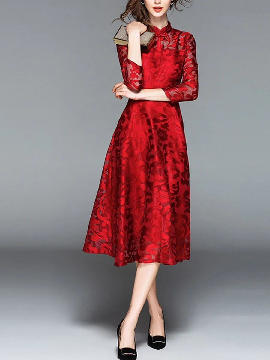 Long-sleeved Embroidered Evening Satin Gown