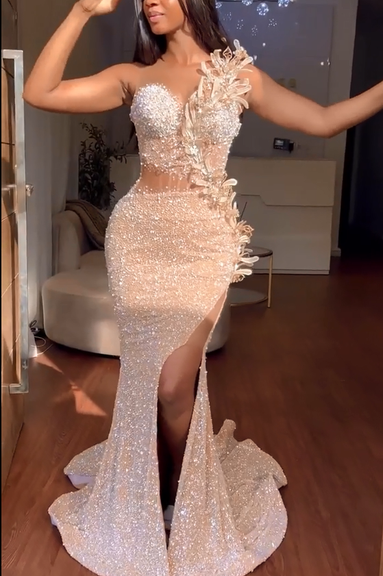 Daisda Stunning Slit Mermaid Beaded Sweetheart Prom Dress With Detachable Flowers