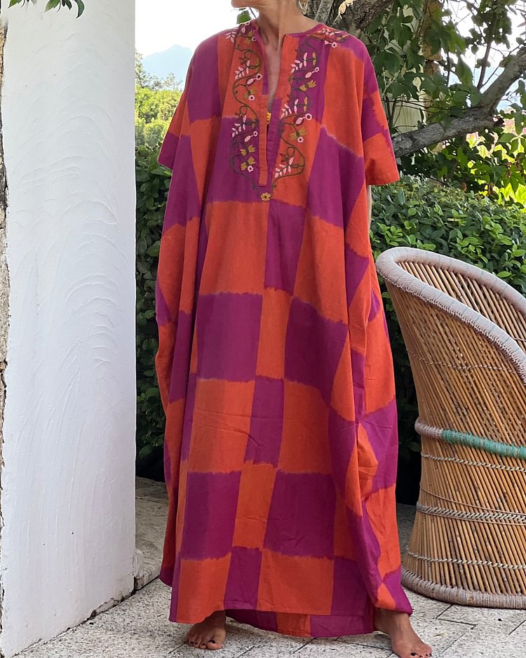 Colorful Embroidered Linen Loose Dress
