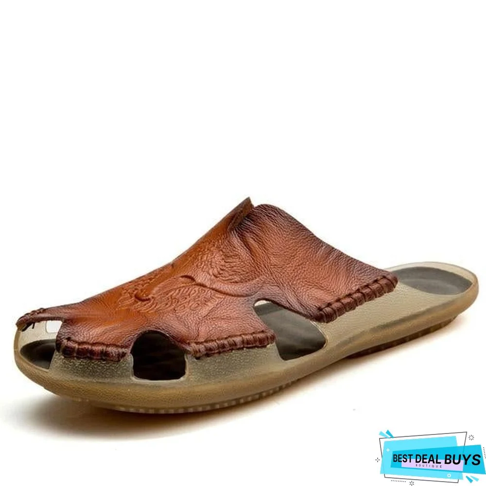 Men's Genuine Leather Non-Slip Sandal Shoes Breathable Beach Flip Flops Shoes