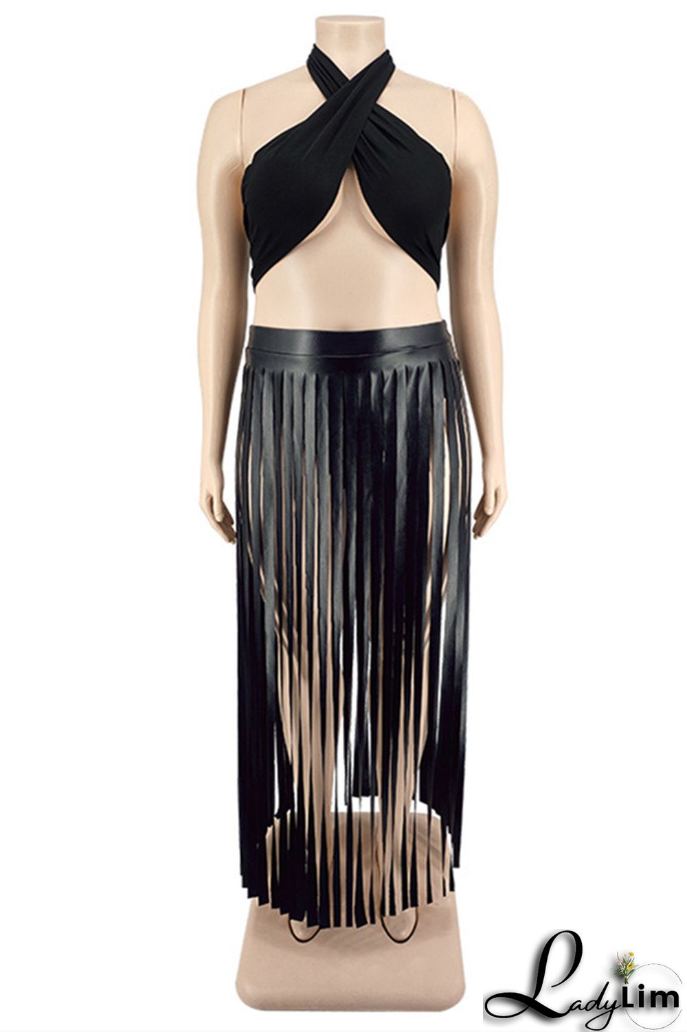 Black Fashion Sexy Solid Tassel Backless Halter Plus Size Two Pieces