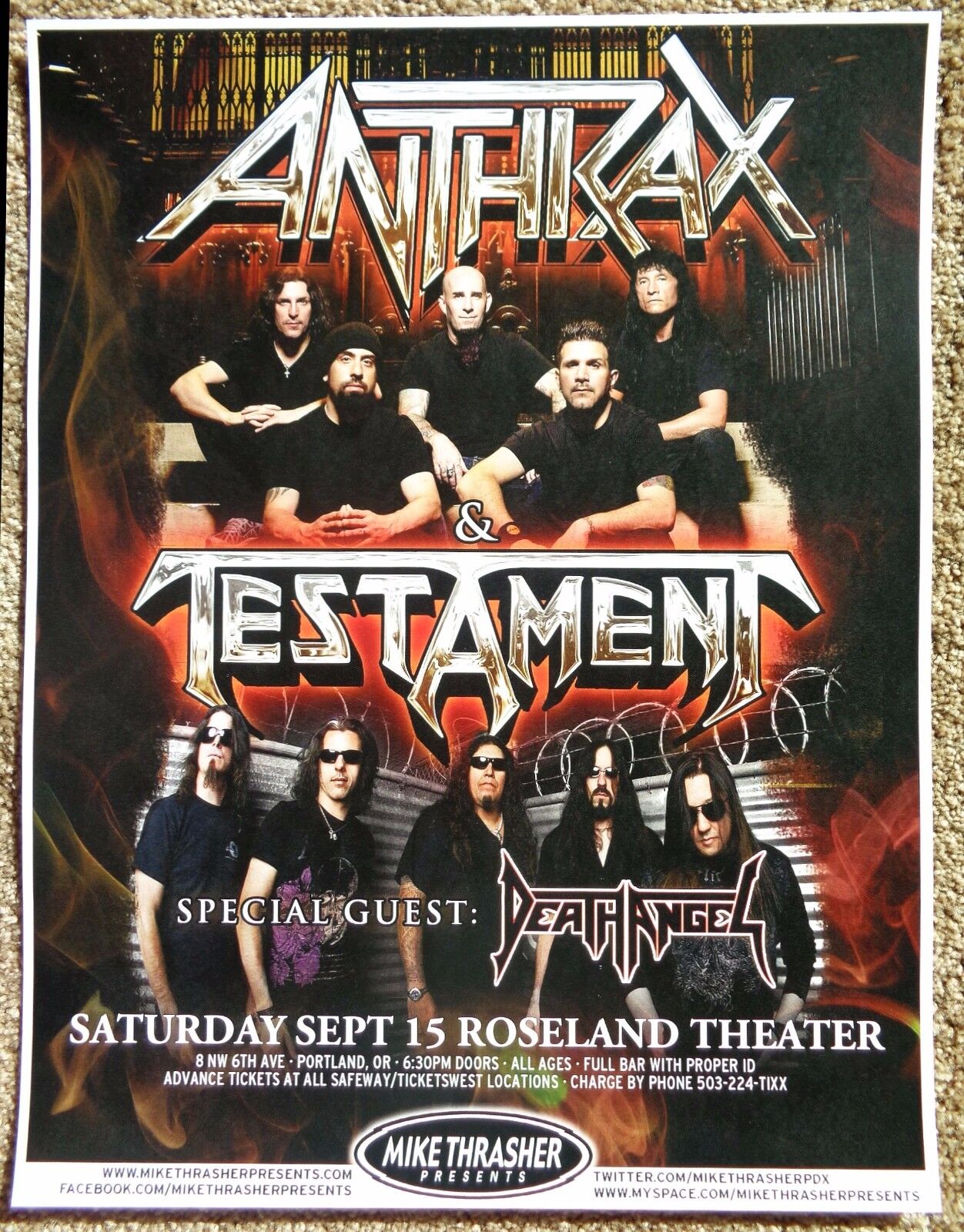 ANTHRAX & TESTAMENT 2012 Gig POSTER Portland Oregon Concert