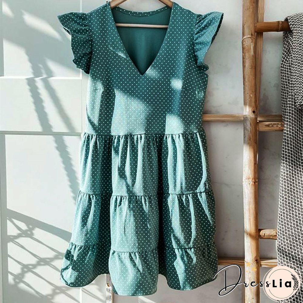 Summer Sundress Women Ruffles Sleeves V-Neck Dot Boho Vest Multi-Layer Connection Hem