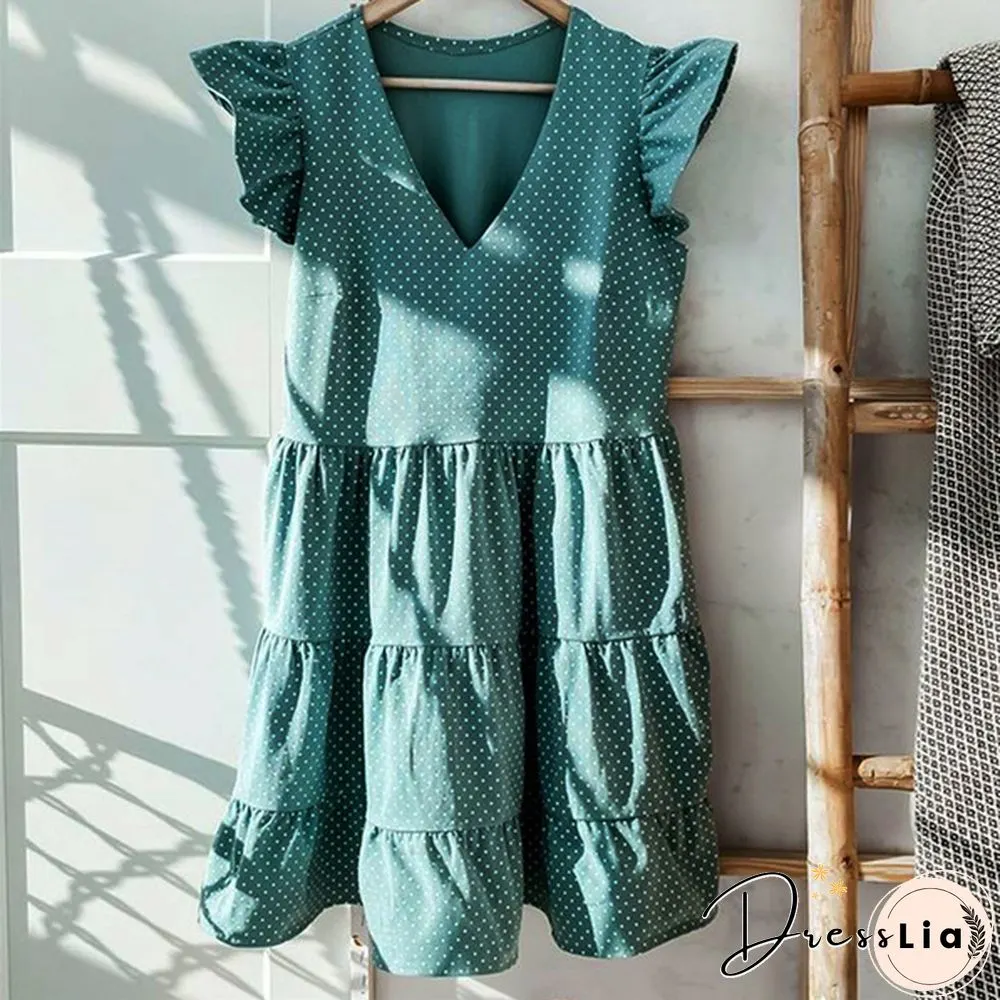 Summer Sundress Women Ruffles Sleeves V-Neck Dot Boho Vest Multi-Layer Connection Hem