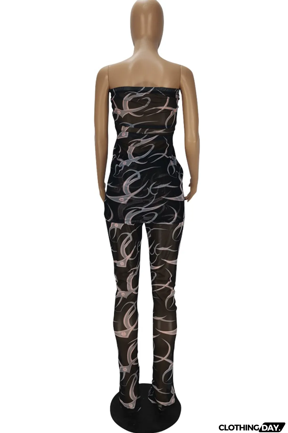 Black Sexy Print Split Joint Strapless Sleeveless Two Pieces