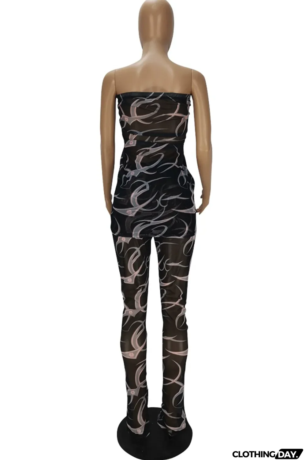 Black Sexy Print Split Joint Strapless Sleeveless Two Pieces