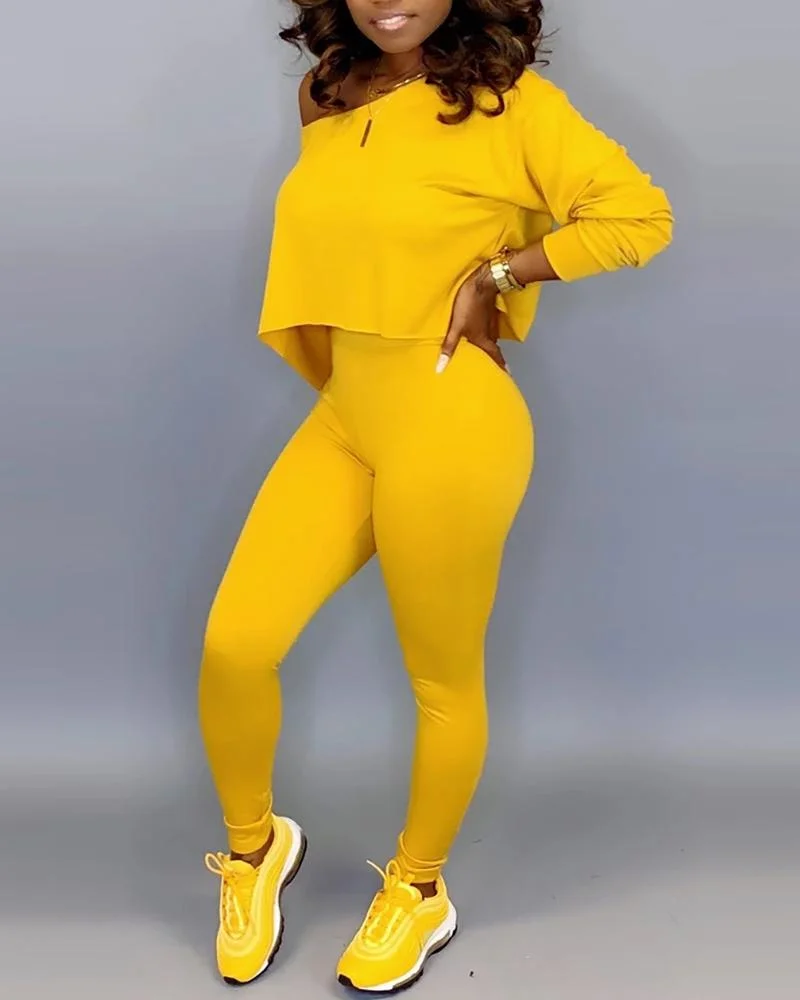 Solid Long Sleeve Top & High Waist Pants Set