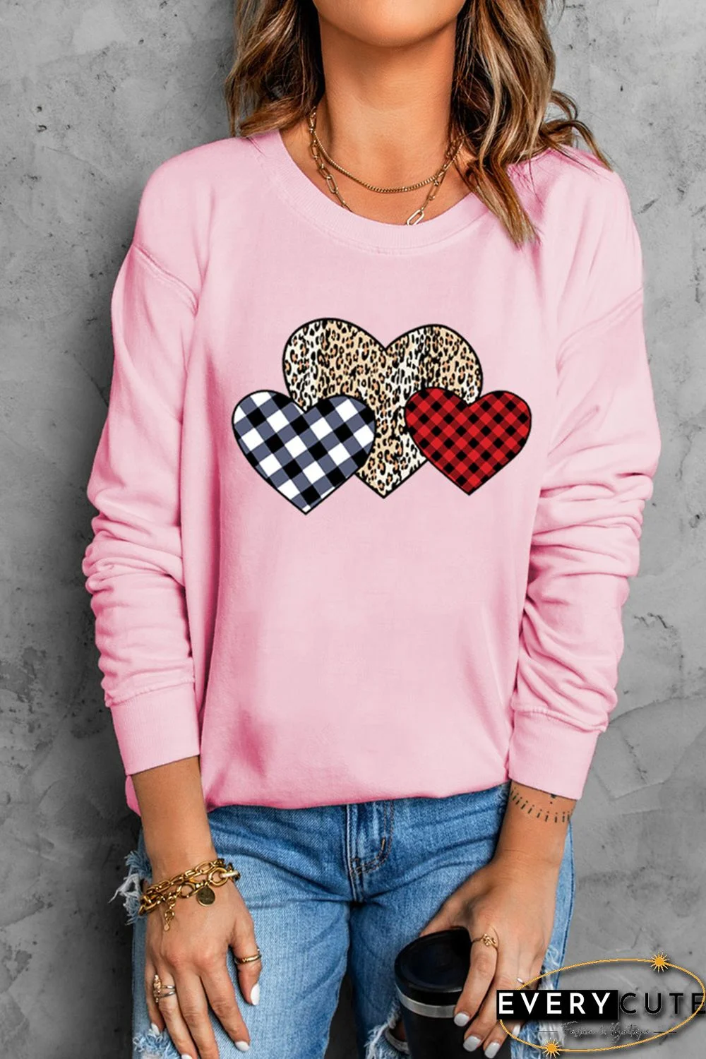 Pink Plaid Leopard Hearts Print Drop Sleeve Pullover Sweatshirt