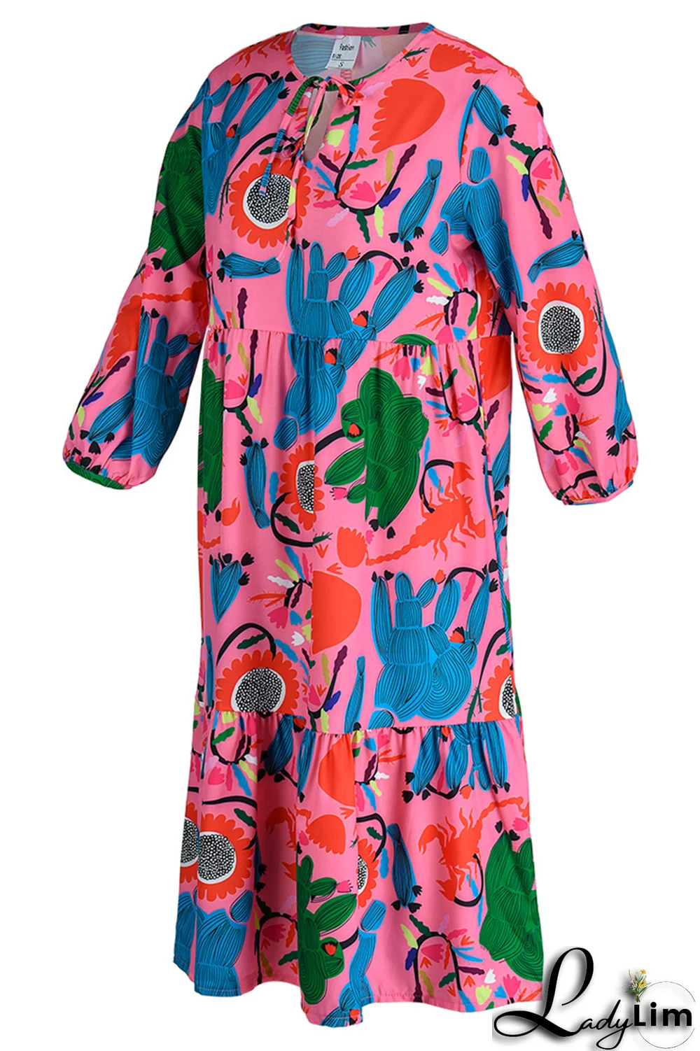 Rose Red Casual Print Draw String O Neck Cake Skirt Dresses