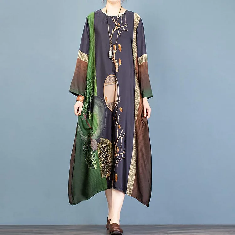 DIY asymmetric o neck clothes Women Sewing black print long Dress